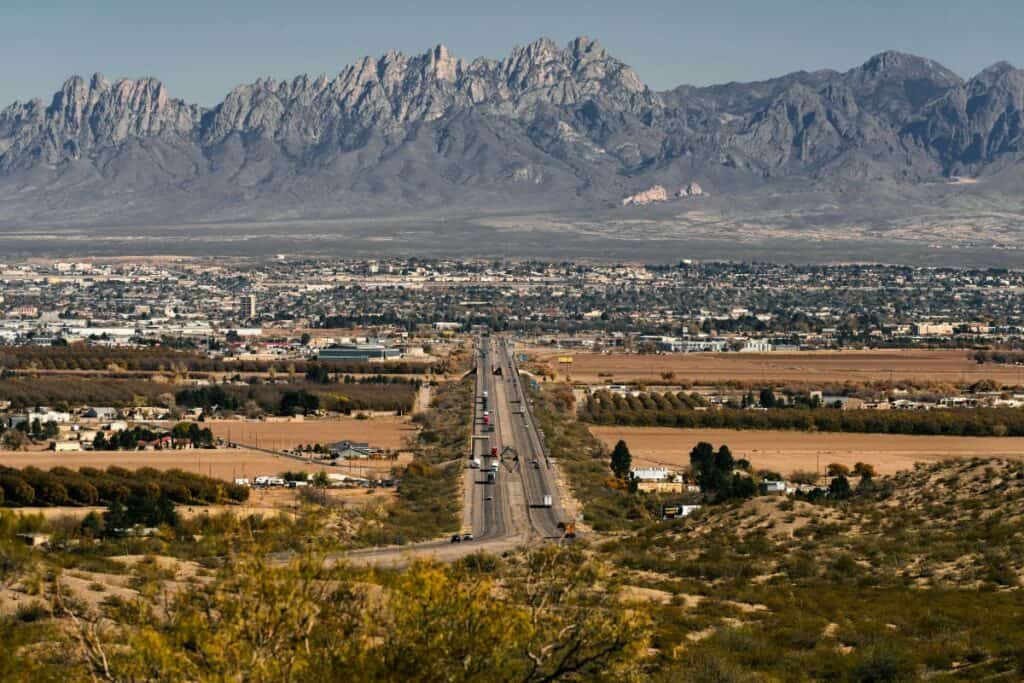 View of Las Cruces and the Mesilla Valley heading east looking at the Organ Mountains.