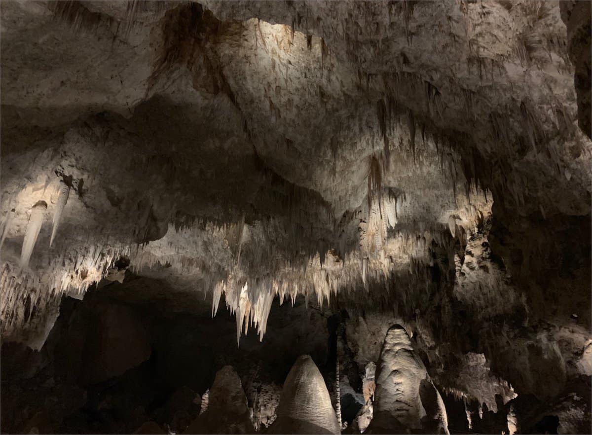 Stalactites hanging from the ceiling of a dimly lit limestone cave at Carlsbad Caverns National Park, a must-see attraction.