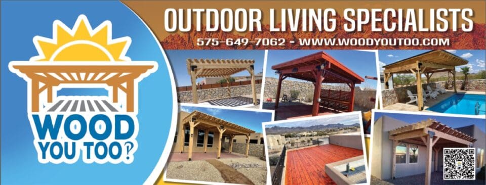 Promotional banner for "Wood You Too" featuring a logo, contact number, images of custom pergolas, a pool, and a QR code.